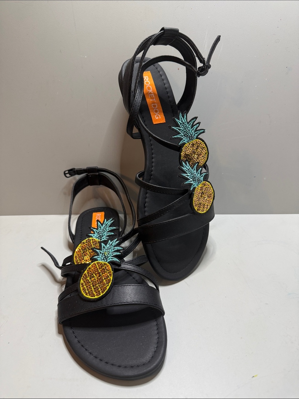 Rocket Dog Black Strappy Sandals with Yellow & Green Pineapple Accents